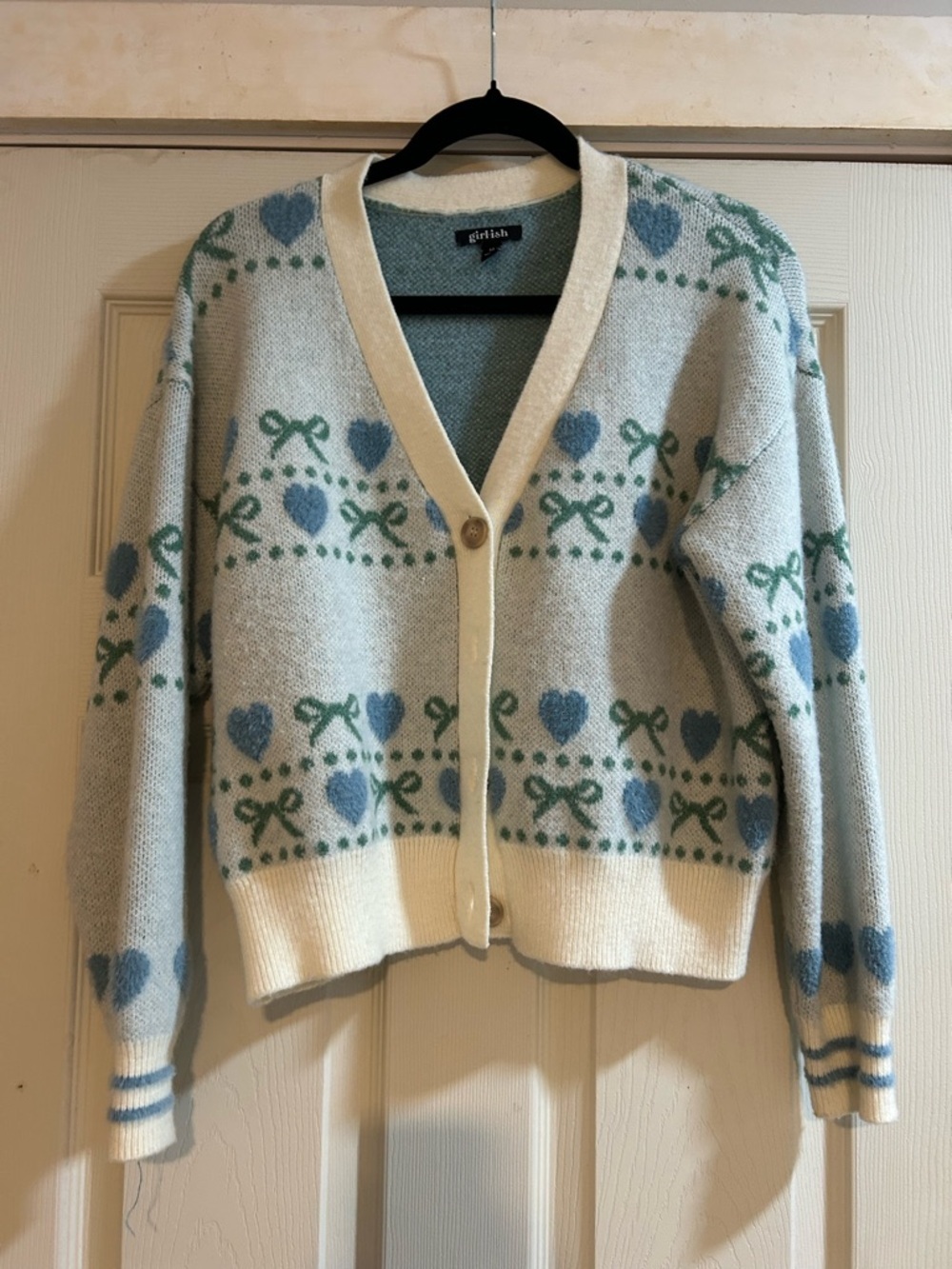 Cream and Blue Heart-Pattern V-Neck Cardigan Sweater - Picture 1 of 2